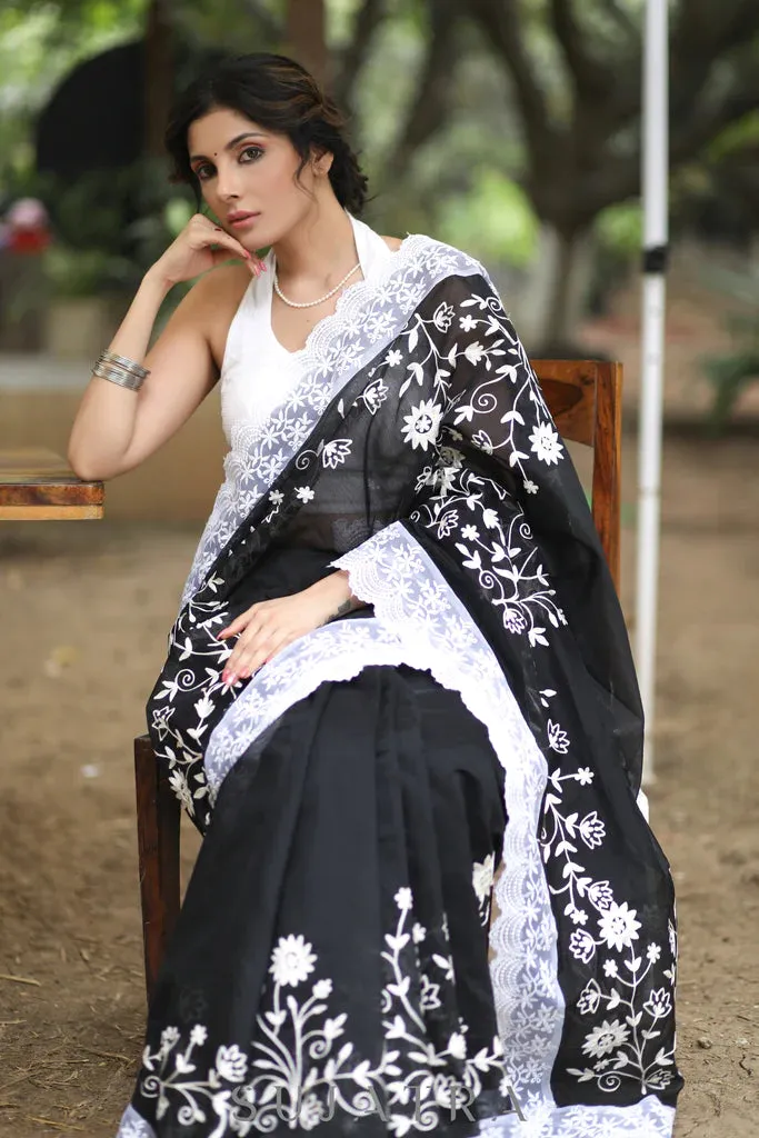 BLACK CHANDERI SAREE WITH BEAUTIFUL WHITE EMBROIDERY & DELICATE BORDER