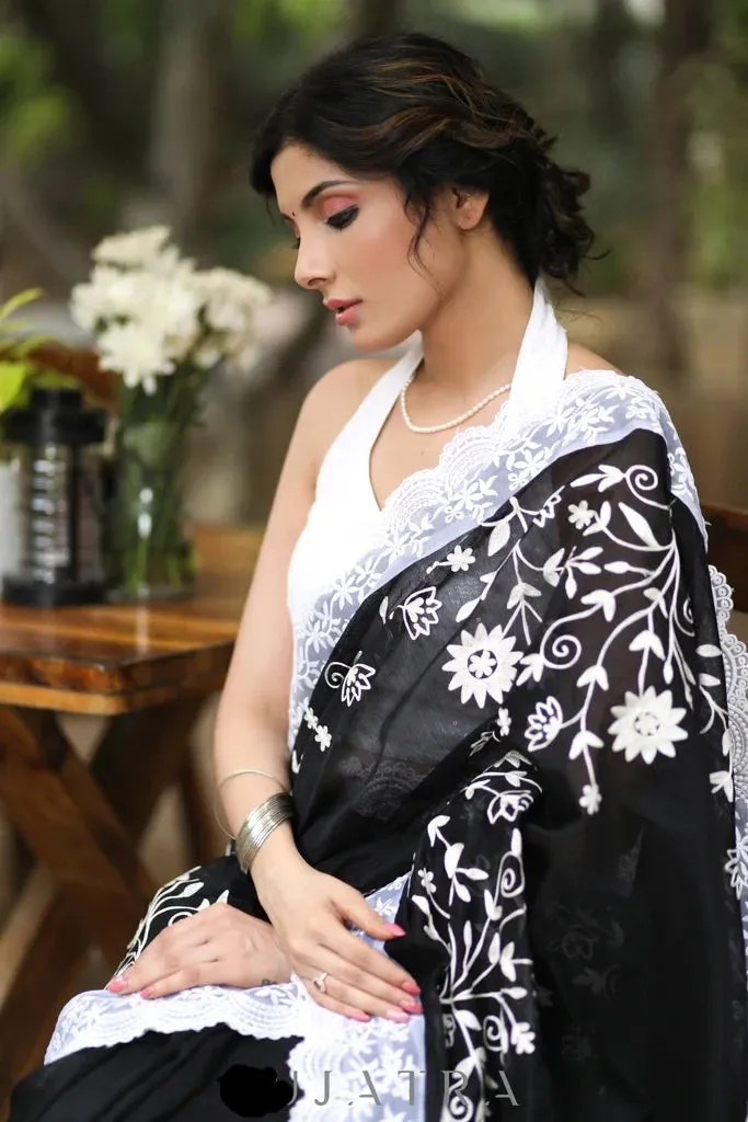 BLACK CHANDERI SAREE WITH BEAUTIFUL WHITE EMBROIDERY & DELICATE BORDER