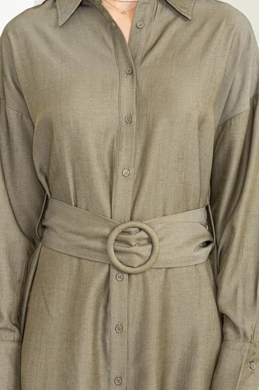 Olive Easy Win Button-Up Belted Shirt Dress