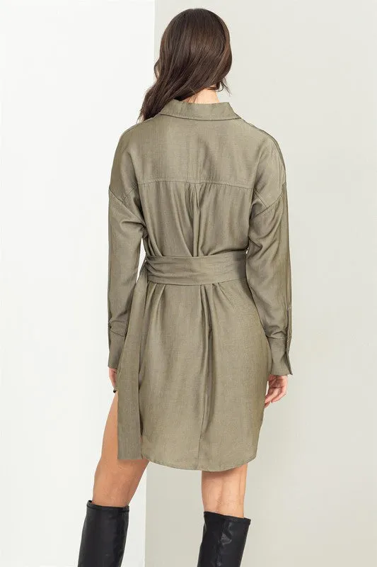 Olive Easy Win Button-Up Belted Shirt Dress