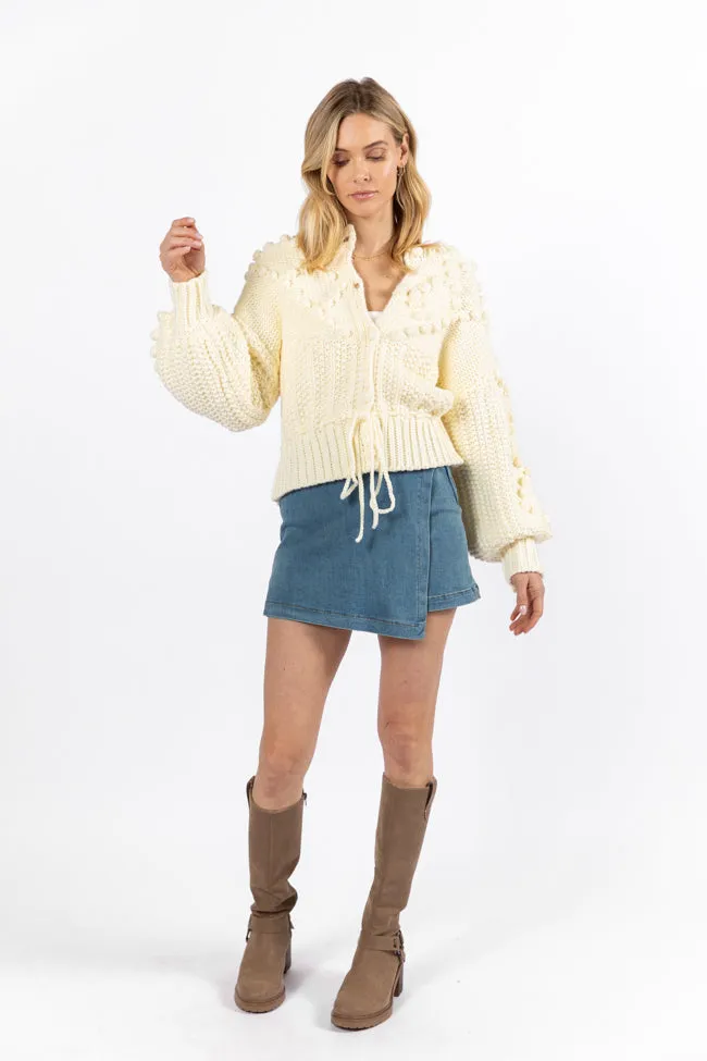 Pom Party Cream Chunky Cinched Waist Cardigan FINAL SALE