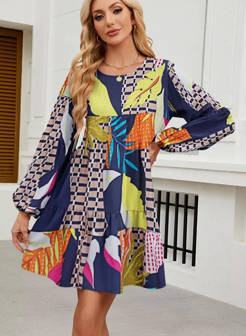QACOHU Summer Babydoll Dresses for Women 2025 Spring Crew Neck Long Sleeve Loose Flowy Swing Tunic Mini Dress