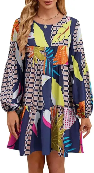 QACOHU Summer Babydoll Dresses for Women 2025 Spring Crew Neck Long Sleeve Loose Flowy Swing Tunic Mini Dress