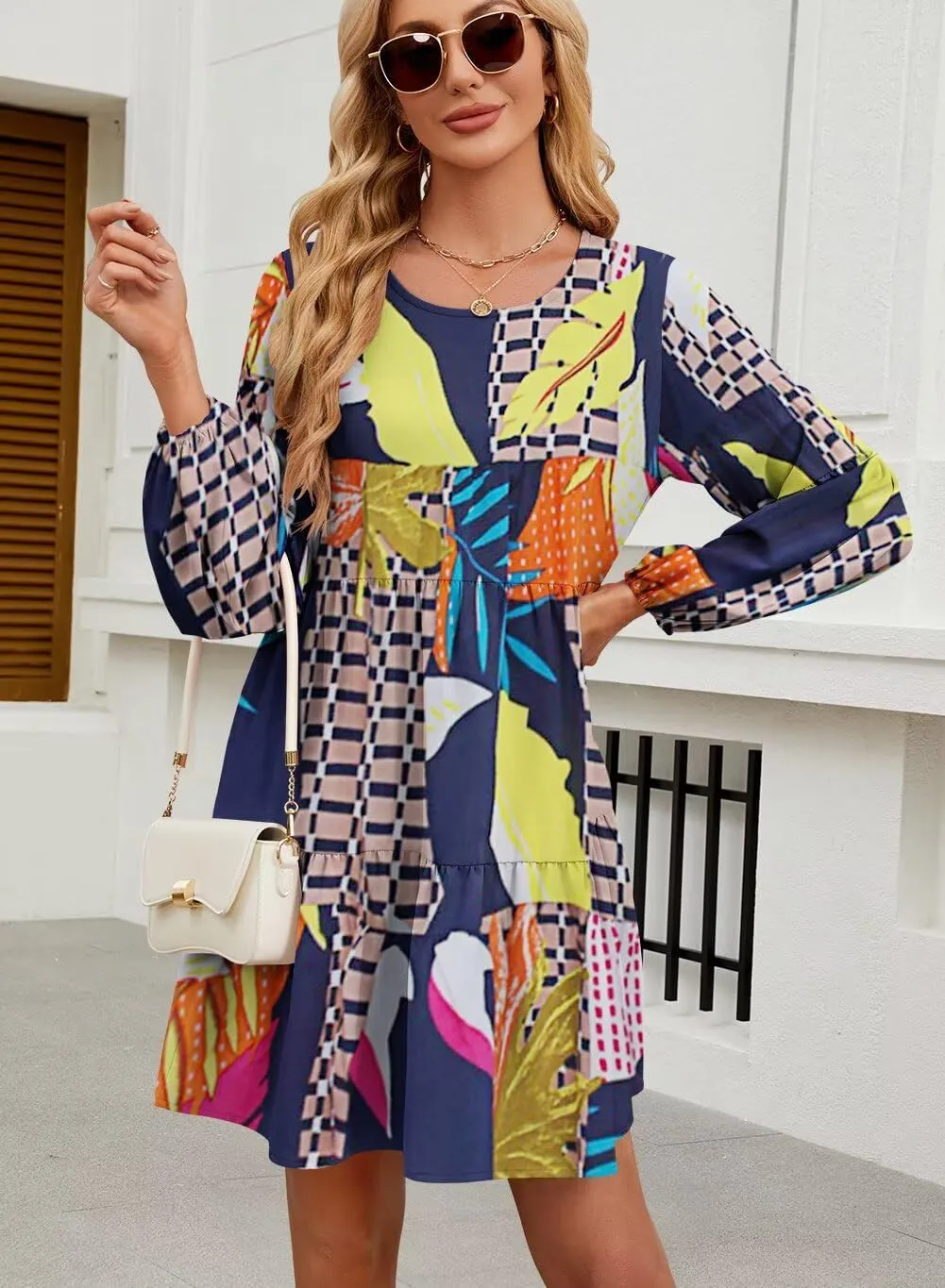 QACOHU Summer Babydoll Dresses for Women 2025 Spring Crew Neck Long Sleeve Loose Flowy Swing Tunic Mini Dress