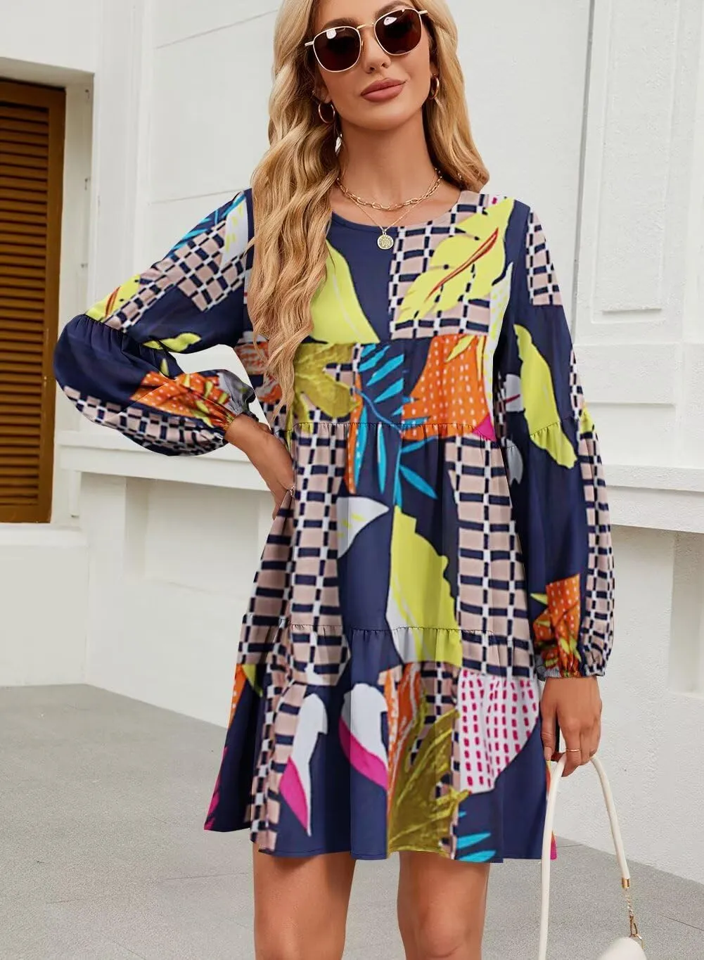 QACOHU Summer Babydoll Dresses for Women 2025 Spring Crew Neck Long Sleeve Loose Flowy Swing Tunic Mini Dress