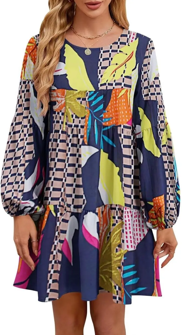 QACOHU Summer Babydoll Dresses for Women 2025 Spring Crew Neck Long Sleeve Loose Flowy Swing Tunic Mini Dress