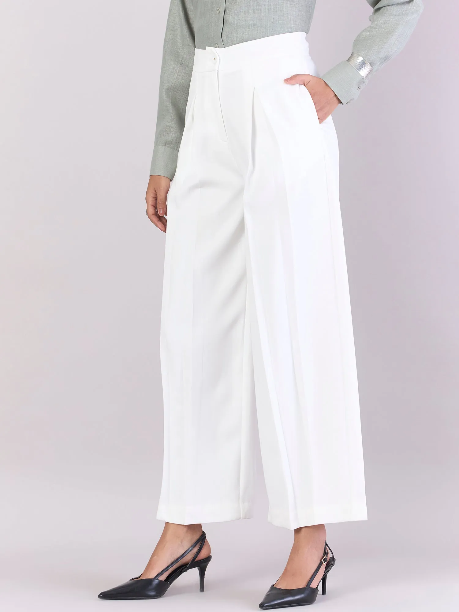 White Inverted Pleats High Waist Trouser