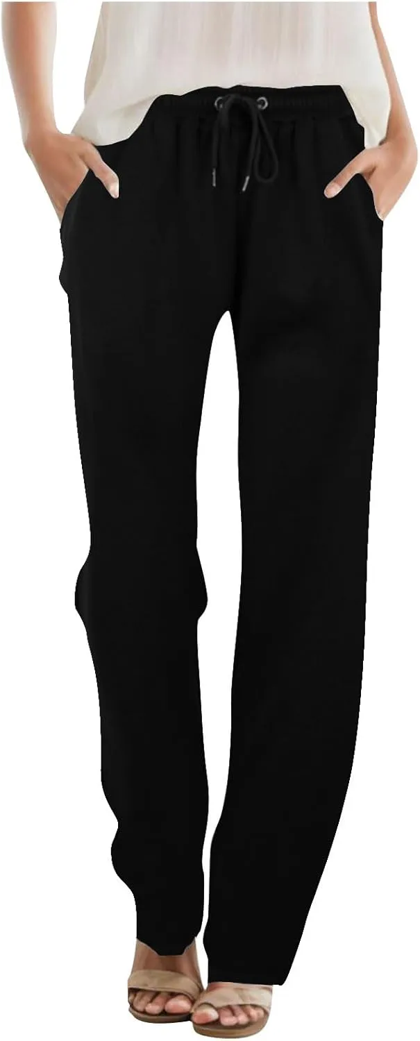 Women's Straight Long Pants Sports Fitness Loose Pants Solid Color Casual Trousers High Waist Trousers with Pocket