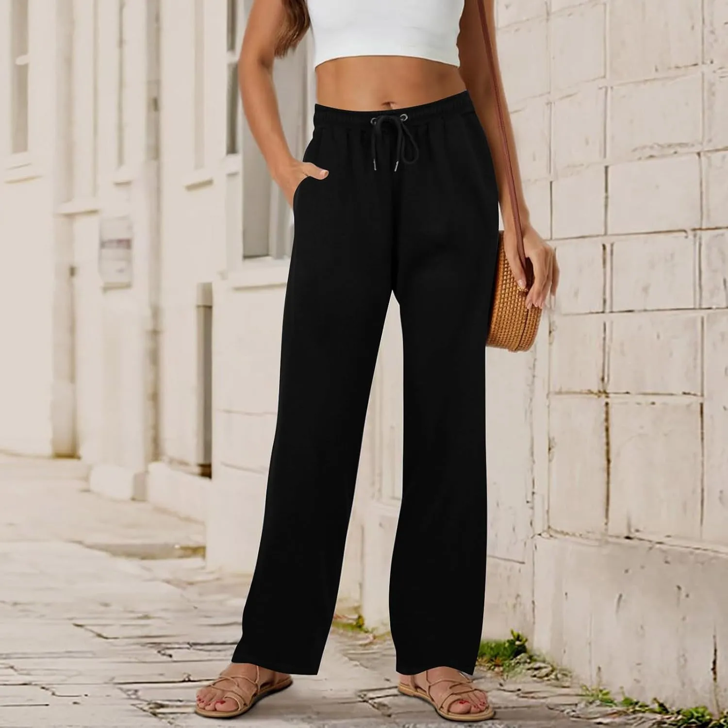 Women's Straight Long Pants Sports Fitness Loose Pants Solid Color Casual Trousers High Waist Trousers with Pocket