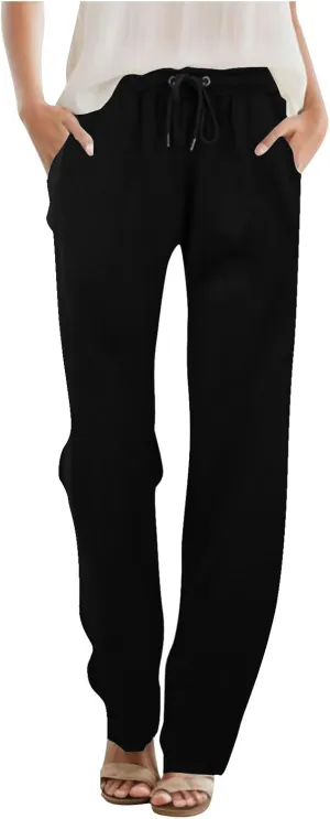 Women's Straight Long Pants Sports Fitness Loose Pants Solid Color Casual Trousers High Waist Trousers with Pocket